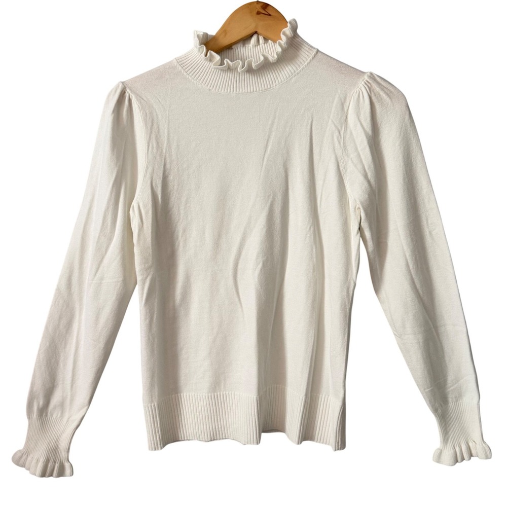 CeCe Women Sz MD White Ruffle Mock Neck Puff Sleeve Knit Sweater Coquette Chic